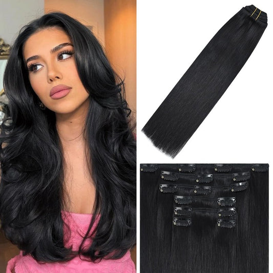 WindTouch Clip In Hair Extensions Real Human Hair Black Hair Extensions Remy Hair 7pcs 18 Inch 75g #1B Natural Black Clip Ins Real Human Hair Black Women