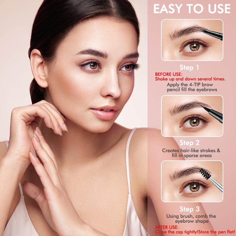Eyebrow Pencil, 2-in-1 Waterproof Eyebrow Pen with 4 Tip Brow Pen and Ultra-Precise Brow Pencil, with Dual-ended Eyebrow Brush, Eyebrow Makeup for Natural Looking Eyebrows - Dark Brown