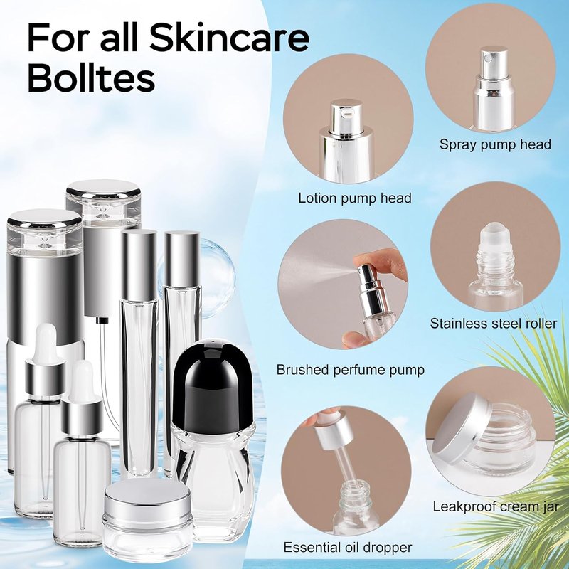 34 Piece Glass Travel Bottles Set - TSA Approved Mini Makeup Containers | Refillable, Leak-Proof, BPA-Free Toiletry Bag for Skincare