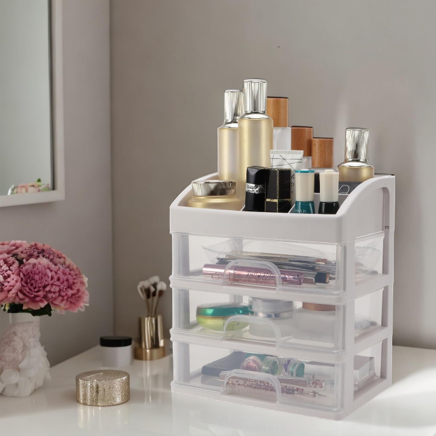 VOCOSTE Makeup Organizer Countertop, 3 Clear Drawers Makeup Organizer, Skincare Organizers for Lotions Lipstick Brushes, Make Up Organizers for Counter, Clear, White