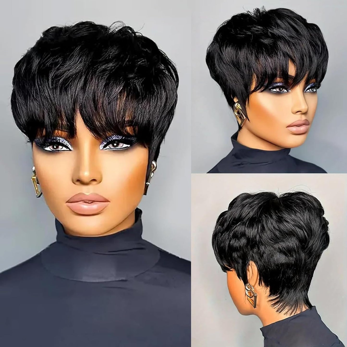 Black Pixie Human Hair Wig for Women - Soft Glueless Layered Style with Bangs | Short Length