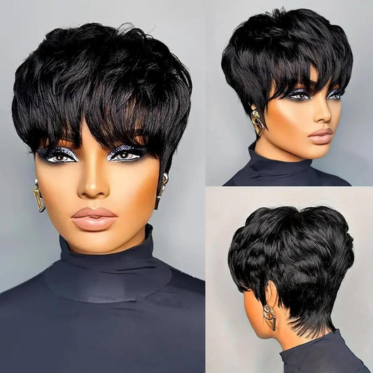 Black Pixie Human Hair Wig for Women - Soft Glueless Layered Style with Bangs | Short Length