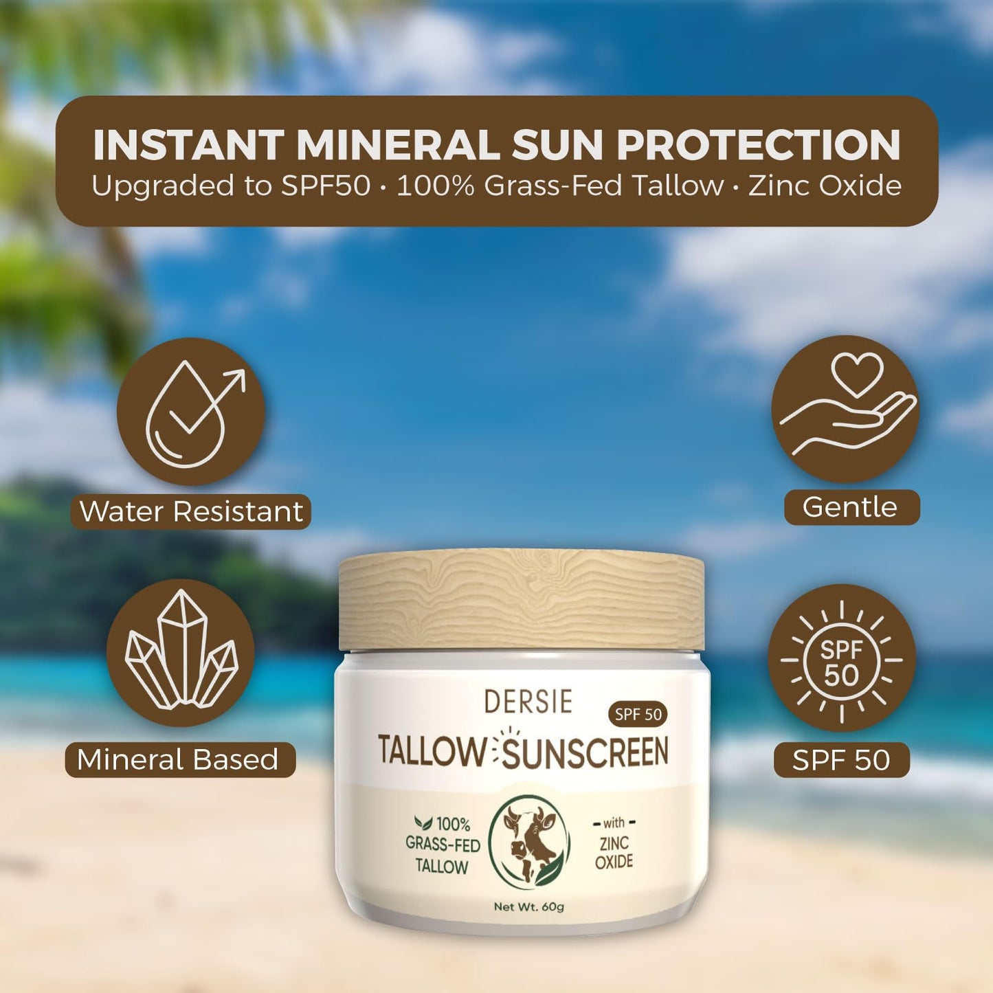 Dersie Tallow Sunscreen SPF 50 – Mineral UV Defense with Non-Nano Zinc Oxide – Face & Body Sun Protection for Adults & Kids – 100% Grass-Fed Beef Tallow for Moisture Retention & Skin Comfort (2.1 oz)