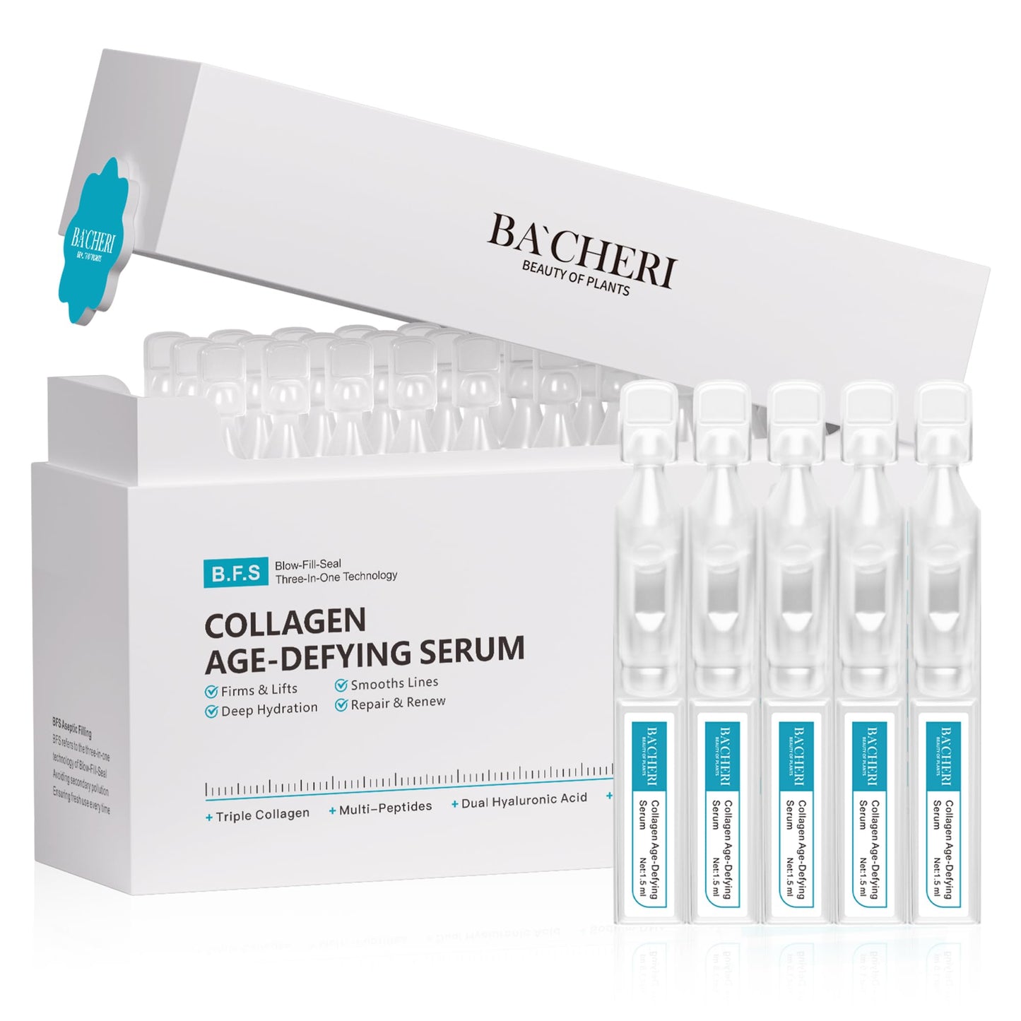 BACHERI Collagen Peptide Anti-Aging Serum with PDRN – Triple Collagen, Peptide Complex & Botanical Extracts for Firming, Hydration & Skin Barrier Repair – Ampoule Serum Set 1.5ml x 30