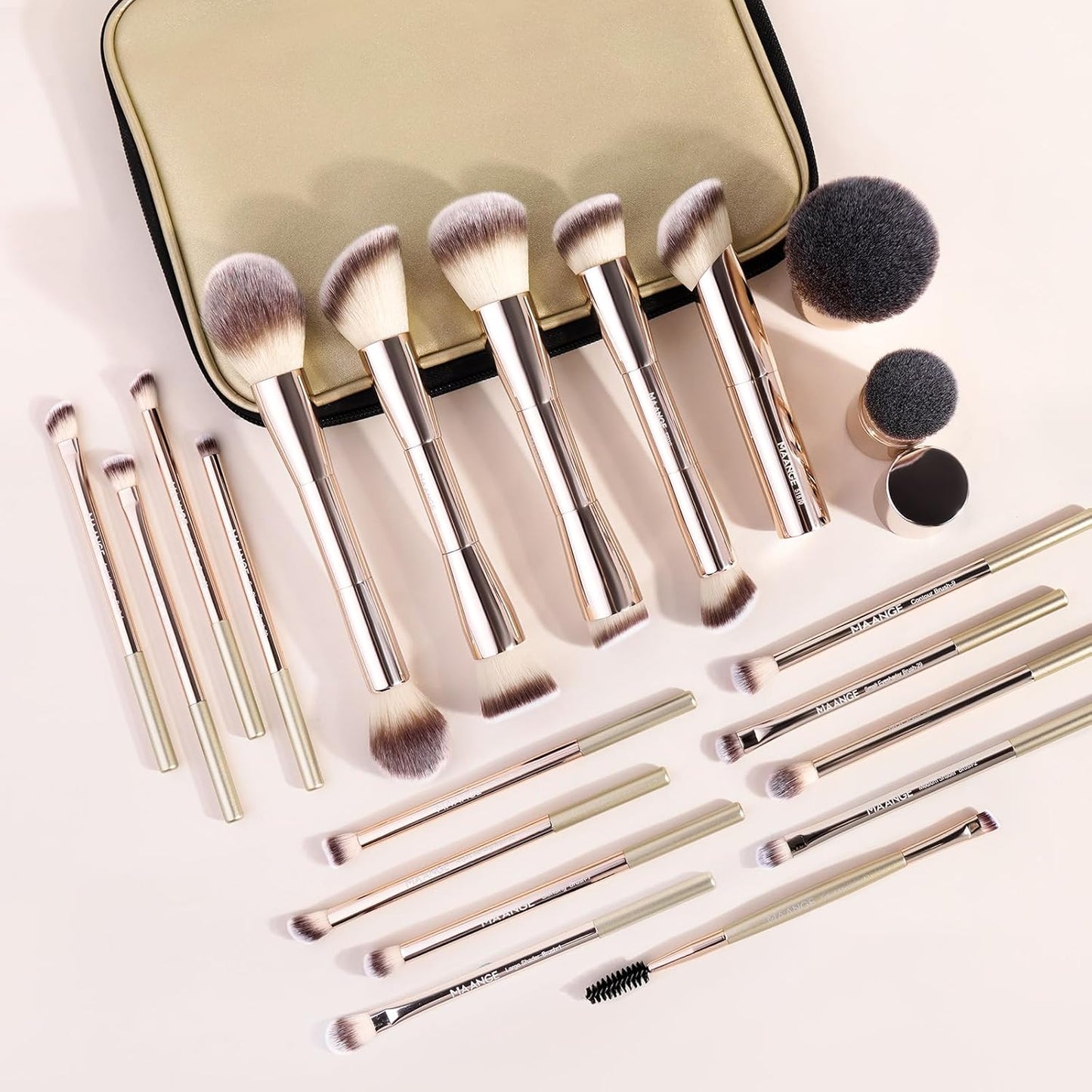 Makeup Brush Set - 20 PCS Double-Ended Kabuki & Foundation Brushes | Gold Case for Blending & Contouring