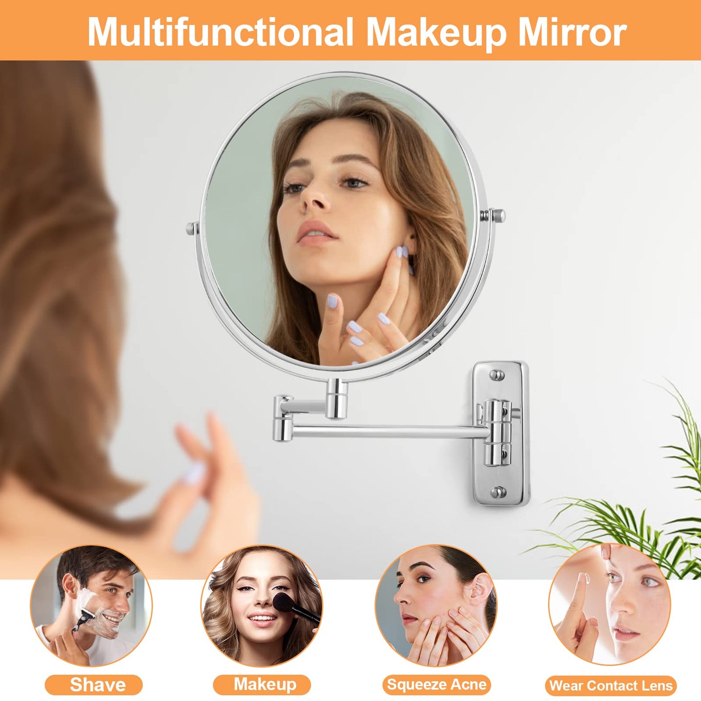 FFowcye 8” Wall Mounted Makeup Mirror - 1X/10X Double Sided Magnifying Bathroom Mirror, 360° Swivel Extendable Vanity Shaving Mirror with Adjustable Arm for Bathroom, Chrome（No Light）