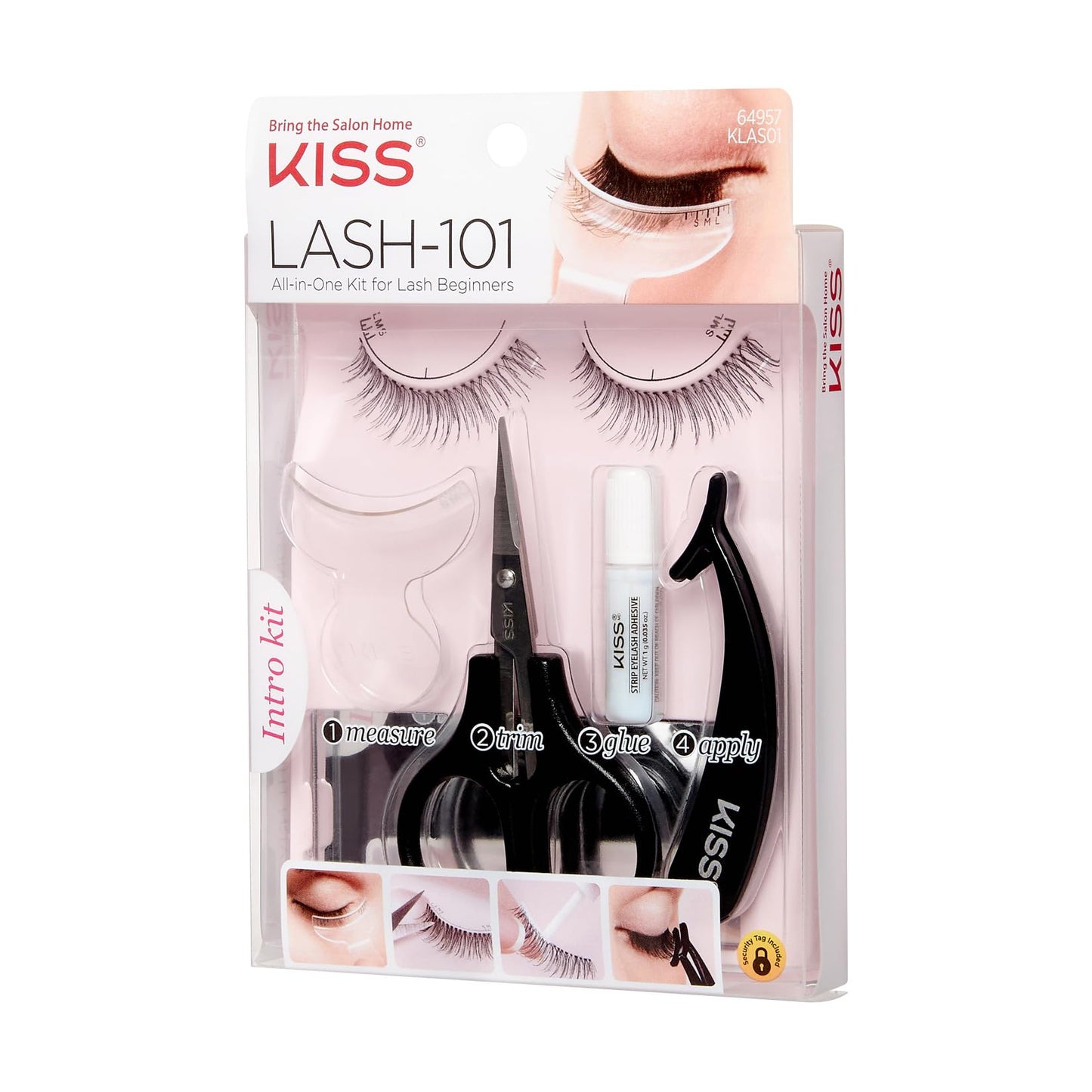 Kiss Lash-101 All-In-One False Eyelashes Kit for Beginners, Reusable Strip Lashes, Easy to Apply, 1 Pair 12 mm Fake Eyelashes, Measuring Tool, Scissors, Lash Adhesive, Applicator, & Mirror