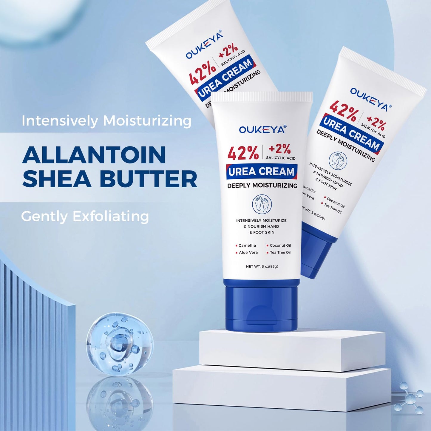 OUKEYA Urea Cream 42 Percent with 2% Salicylic Acid Tube 3 Oz, Foot & Hand Cream for Dry Cracked, 3 Pack