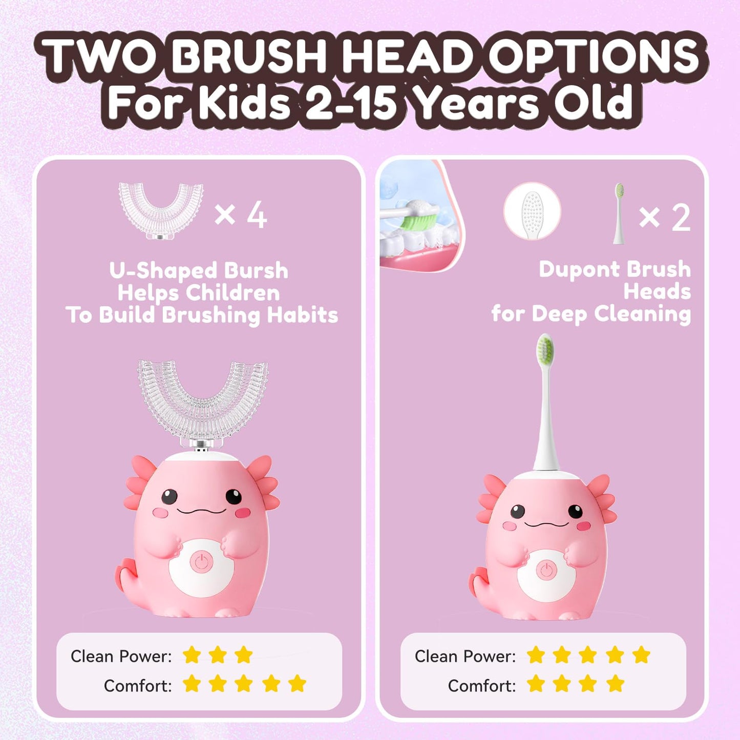 Kids Electric U Shaped Automatic Toothbrush,Cute Axolotl-Age 2-15 Pink