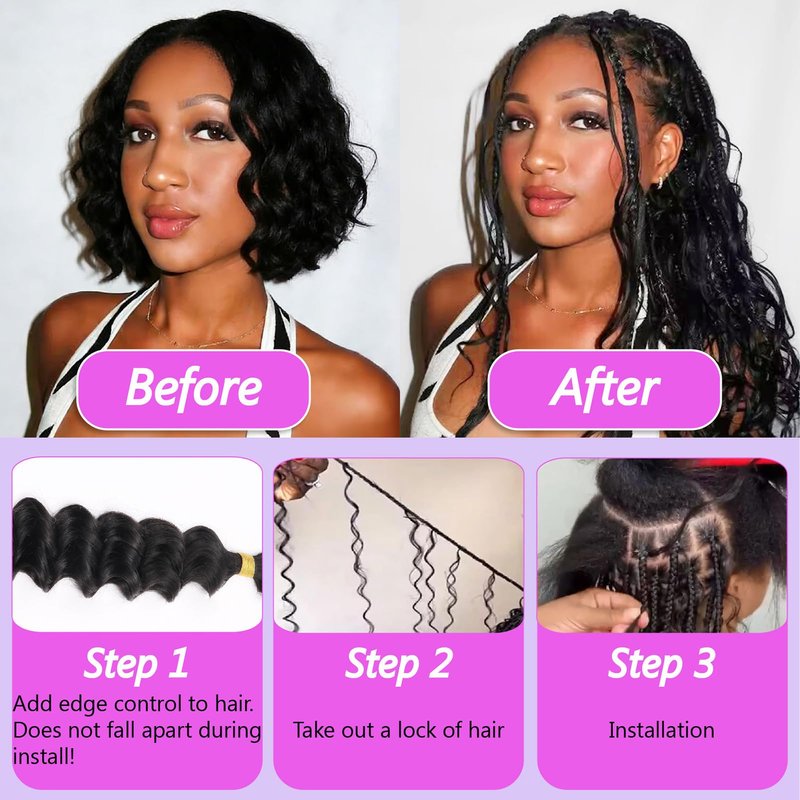 Deep Wave Bulk Human Braiding Hair for Boho Braids Water Wave 100% Human Hair for Boho Braiding Hair Crochet Wavy Curly Hair Extensions Bohemian Micro Braiding 3 Bundles 110g Natural Color 12 Inch