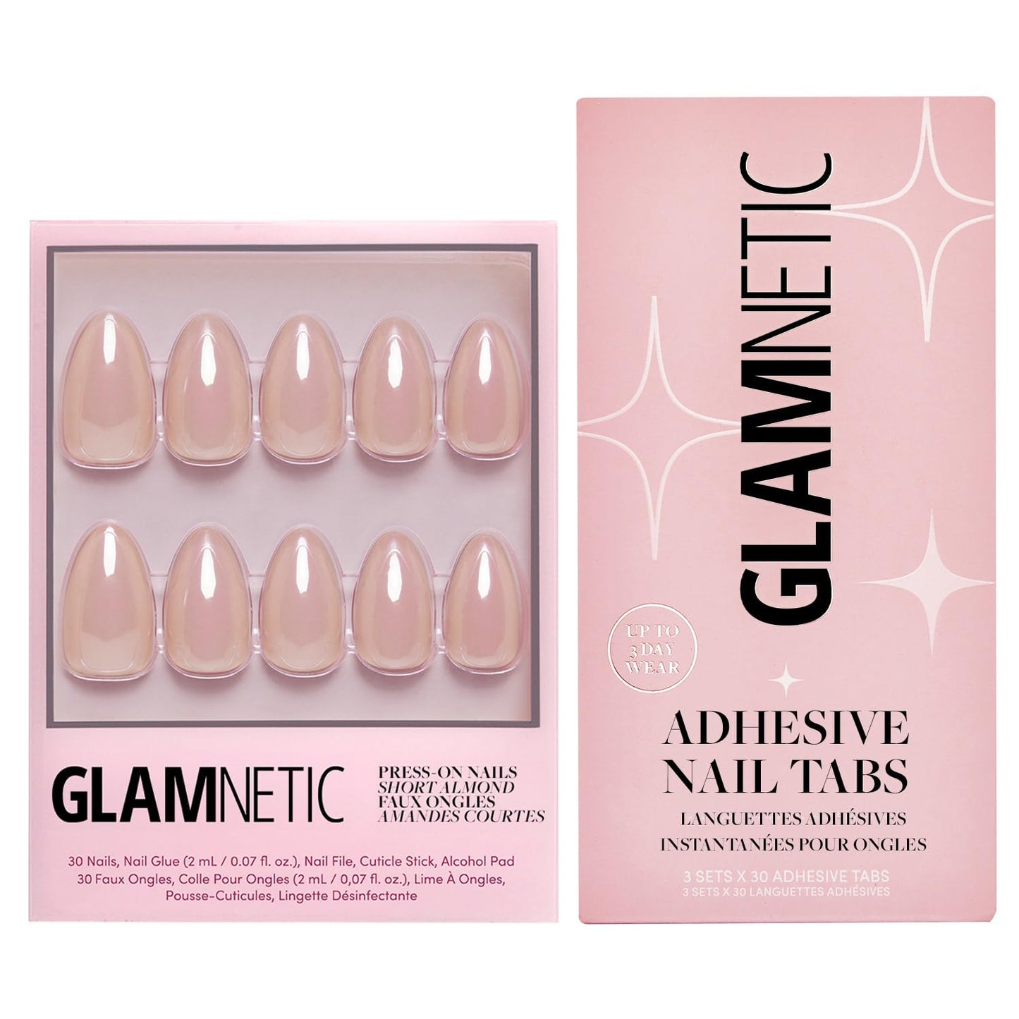 Glamnetic Press-On Nails & Adhesive Nail Tabs - Los Angeles | Blush Nude Pink Short Almond Nails in Glazed Finish | 15 Sizes - 30 Nail Kit with Adhesive Tabs