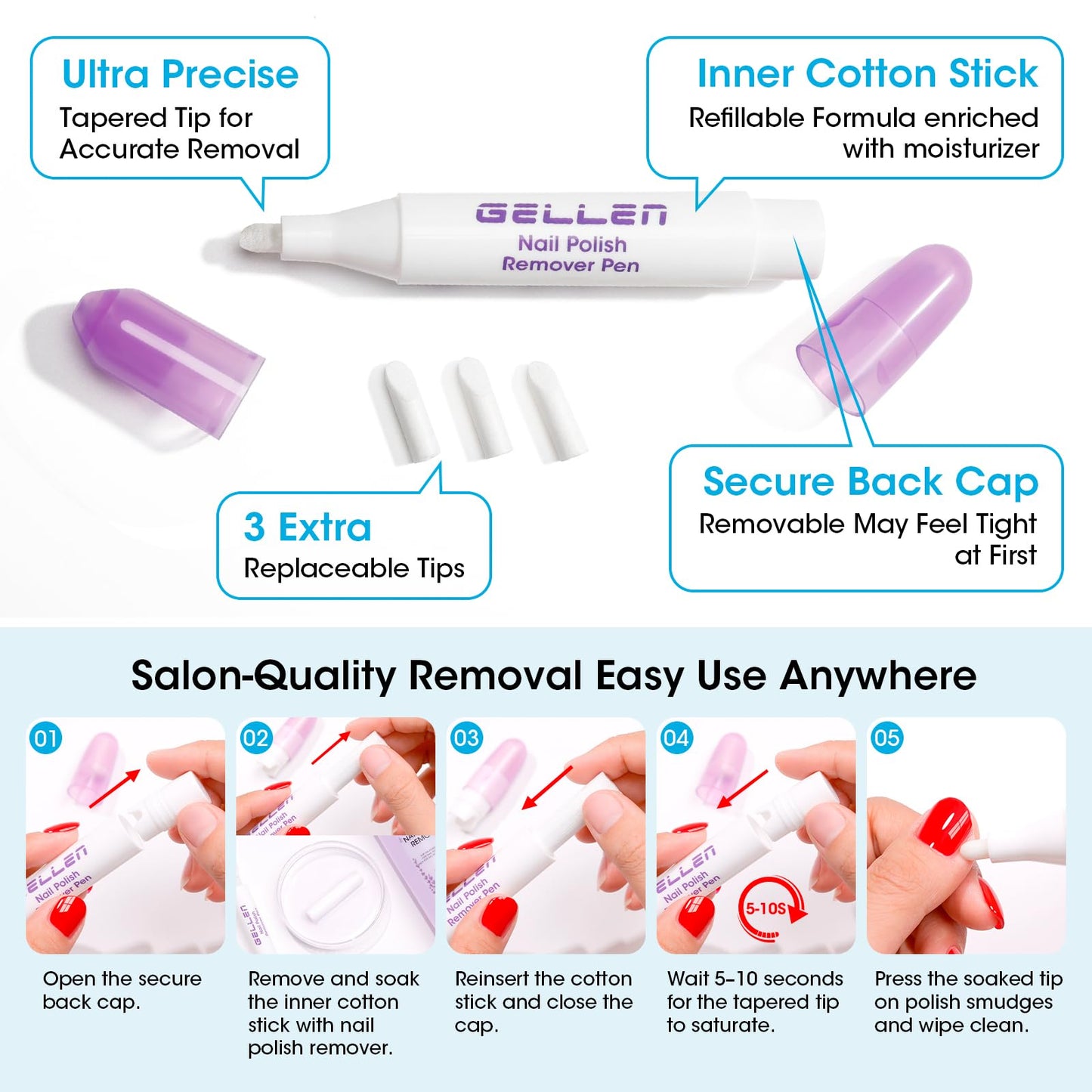 Gellen Nail Polish Remover Set with Corrector Pen, 280ml Ocean Breeze Scent Non-Acetone Nail Polish Remover, Precision Pen with 3 Refill Tips Easy Use | Rapidly Removes Natural and Glitter Nails