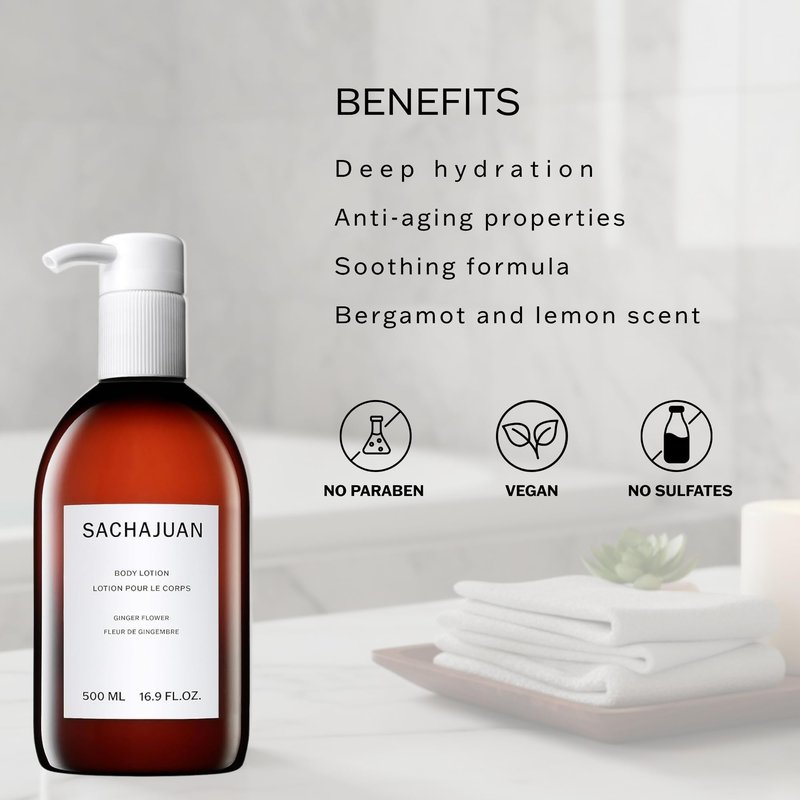 SACHAJUAN Body Lotion Ginger Flower | Deep Hydration Body Moisturizer | Anti-Aging & Soothing Formula | Earth Silk Technology | Bergamot & Lemon Scent | Vegan & Paraben-Free | 16.9 fl oz