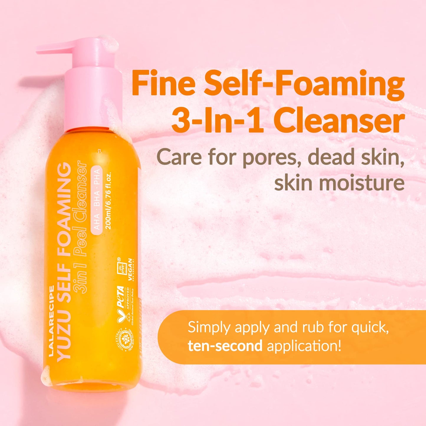 LALARECIPE Yuzu Self-Foaming 3-in-1 Facial Cleanser – Korean Daily Face Wash with AHA BHA PHA for Gentle Exfoliation and Pore Care – Hydrating Cleanser for Dry and Sensitive Skin (200ml/ 6.6 fl oz)