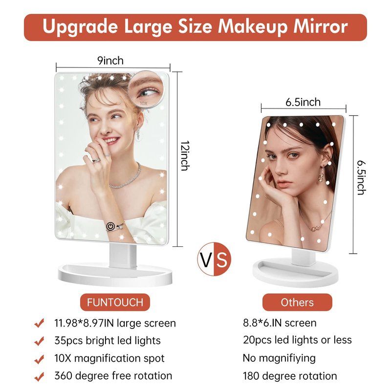 FUNTOUCH Large Lighted Makeup Mirror with Lights, Light Up Mirror with Small 10x Magnification for Desk, 360°Rotation Touch Screen,Brightness Adjustable Tabletop Cosmetic Vanity Make Up Mirror