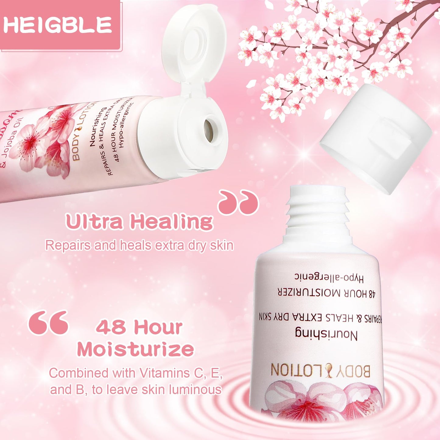 Heigble 50 Pack Travel Size Body Lotion 1 oz Body Lotion Dry Skin Moisturizer with Flip Cap for Extra Dry Skin, Hotels, Airlines, Offices, Gyms(Cherry Blossom and Jojoba Oil)