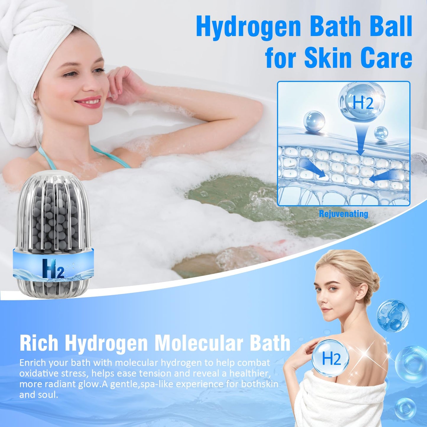 Hydrogen Bath Bombs Beads, Hydrogen H2 Water for Bathing Spa,Foot Bath,face Washing Muscle & Stress Relief Reusable Design 2pack