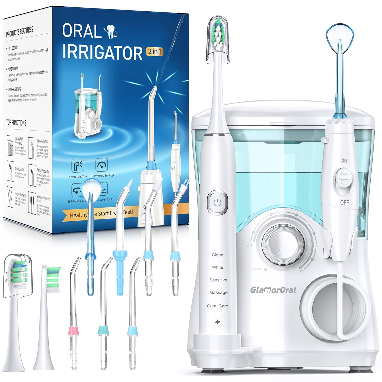 Electric Toothbrush and Water Flosser,600ML Oral Irrigator Water Flosser with 7 Jet Tips,10 Adjustable Pressure Settings,Sonic Electric Toothbrush with 2 Brush Heads,5 Modes(White)