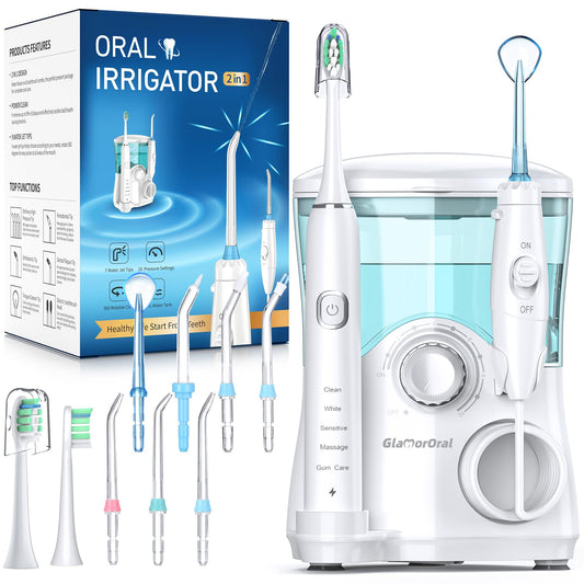 Electric Toothbrush and Water Flosser,600ML Oral Irrigator Water Flosser with 7 Jet Tips,10 Adjustable Pressure Settings,Sonic Electric Toothbrush with 2 Brush Heads,5 Modes(White)
