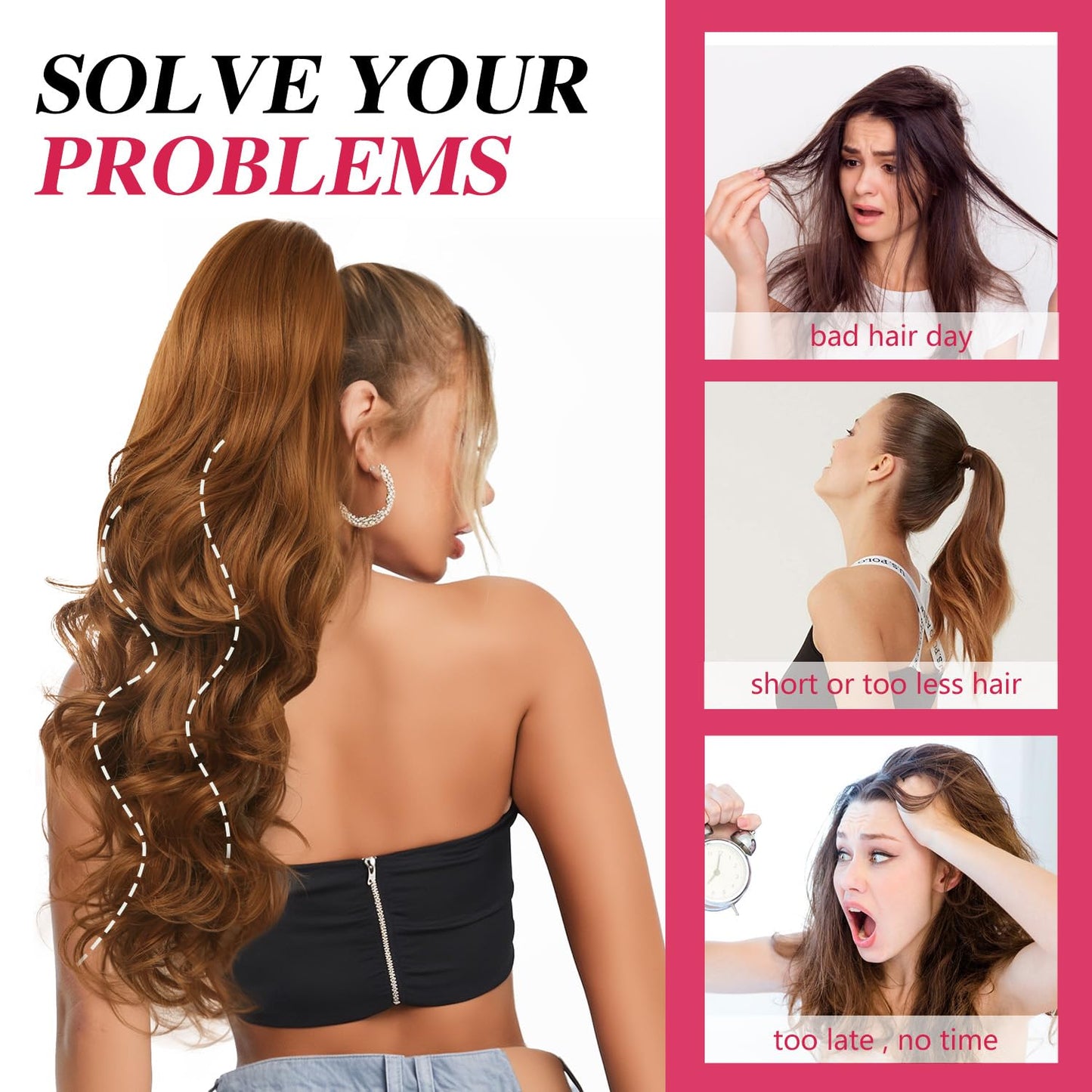 N NAYASA 24''Long Wavy Ponytail Extension, Burgundy Ombre Claw Clip Hair Piece, Long Curly Wavy Wine Red Ponytail Hair Extension Jaw Clip on Pony Tails Hairpiece for Women