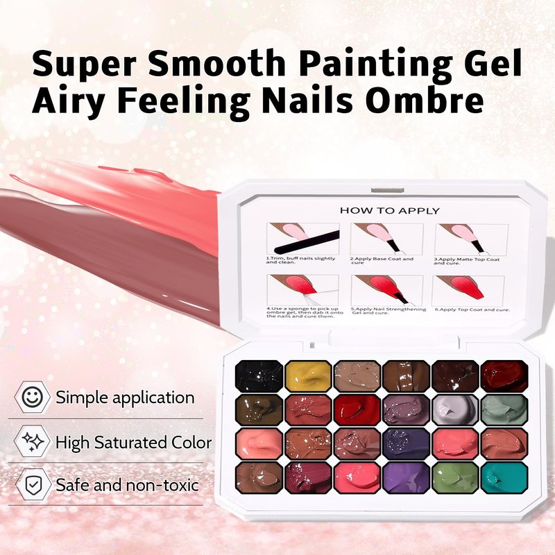 24 Colors Sponge Pat Paint Nail Gel, Pat Painting Gel Polish for Drawing Striper Liner Floral Ombre Blush Blooming Aura Nails Art DIY, UV/LED Cured, No Wipe, 100 Sponges Grabber Pen(24 Colors B)