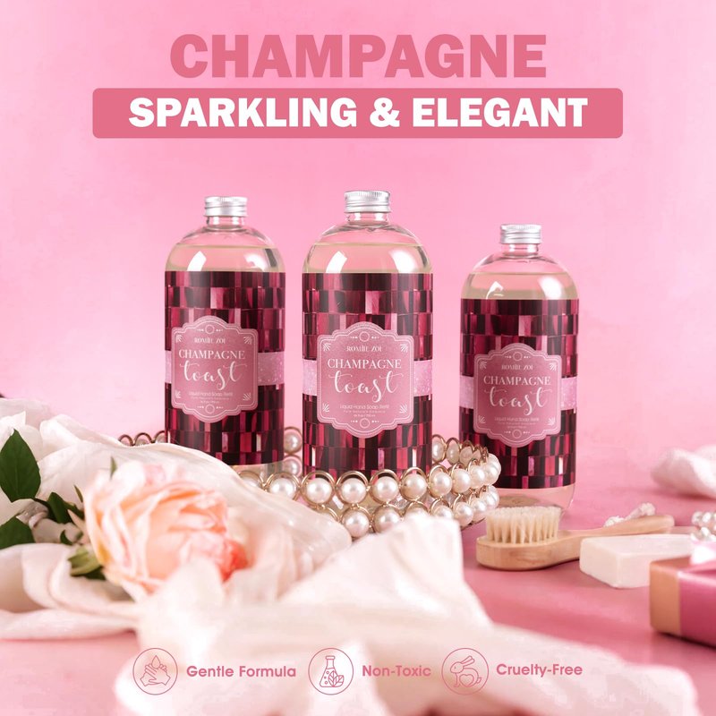 ROMIIE ZOI Liquid Hand Soap Refills Gift Set, Champagne, 3 x 26Fl Oz Bottles, Plant-Based, Non-Toxic, Gentle & Moisturizing Formula with Essential Oils for Bathroom, Kitchen & Holiday Gifting