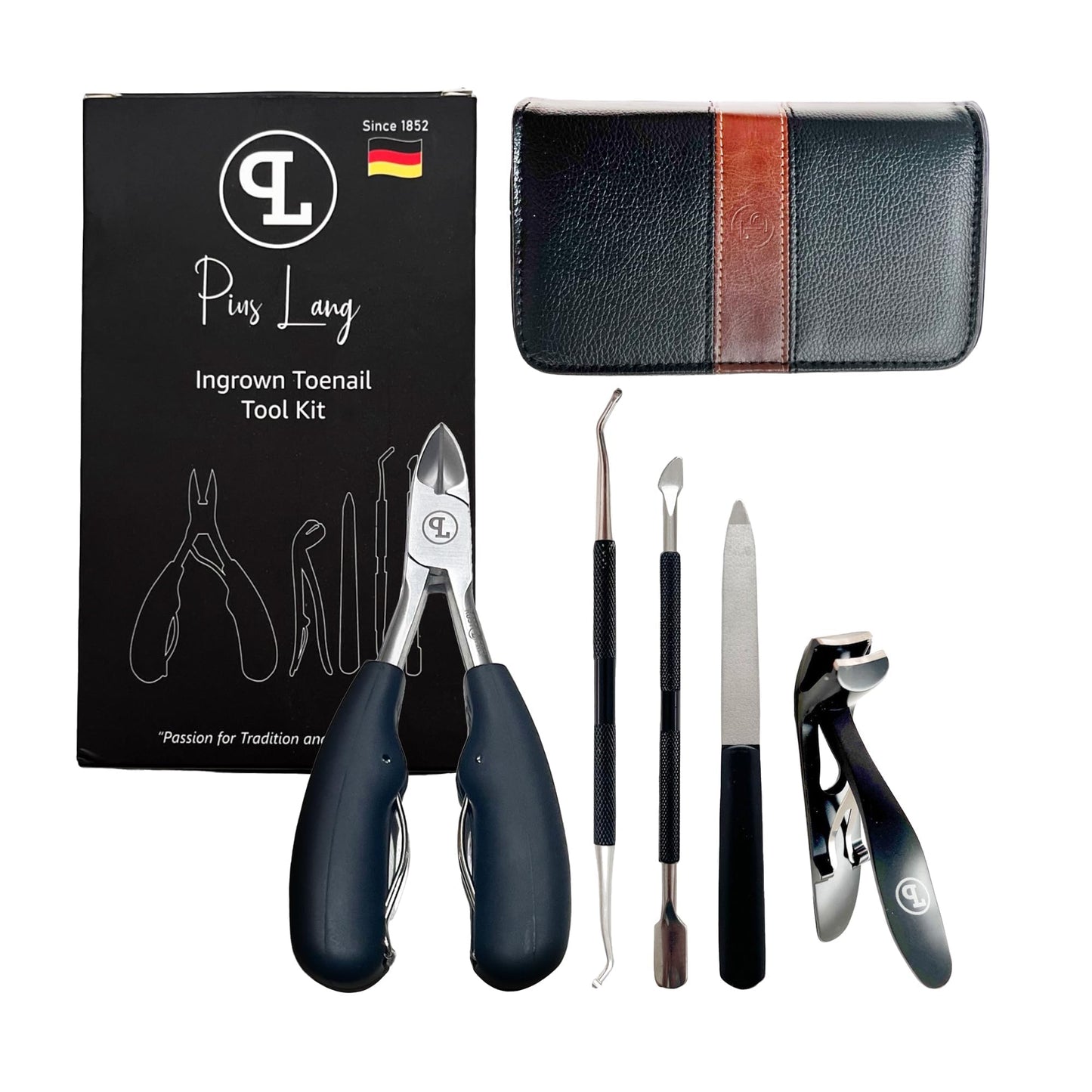 Nail Clipper Set for Thick Toenails - 5-Piece Professional Kit with Angled Head for Seniors, Ingrown Toenail Tools, German Steel, Leather Case - PIUS LANG