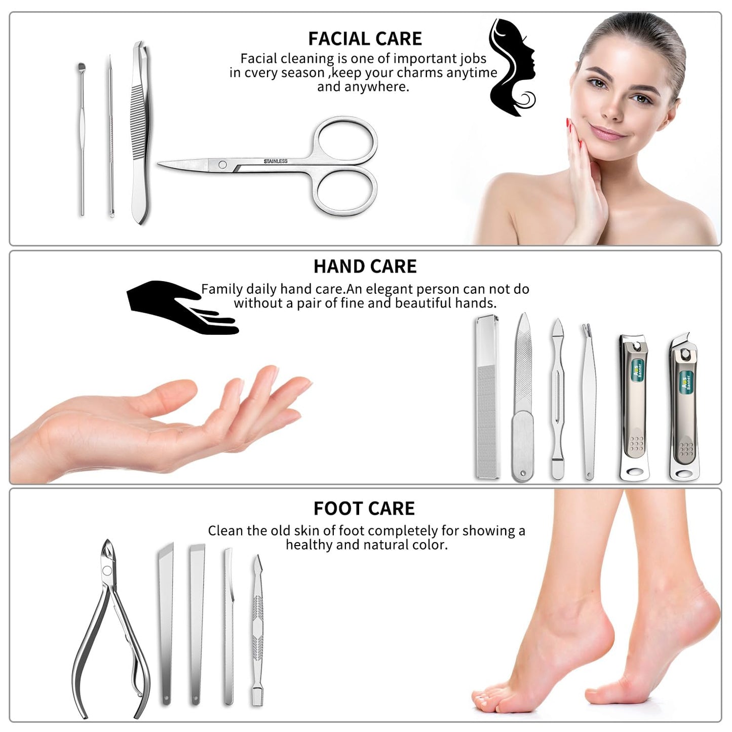 AUSBANNER Germany Professional Nail Clipper Set Fingernail and Toenail Clippers, Manicure and Pedicure Set - 15 Piece Stainless Steel Grooming Set, Nail Care Tools with Deluxe Travel Case