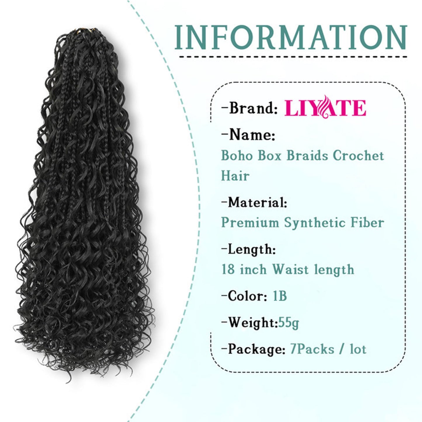 Liyate Boho Box Braids Crochet Hair for Women 18 Inch 7 Packs Black Bohemian Crochet Braids with Curly Ends Goddess Box Braids Crochet Braiding Hair Extensions, 1B