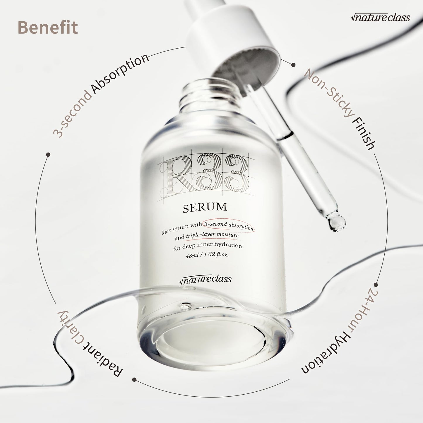 NATURECLASS R33 Serum Niacinamide Hyaluronic Acid, Korean Skincare Glass Skin, Brightening Hydrating Face Serum, Dark Spot Correcting Pore Minimizer Facial Serum, K Beauty Fragrance Free, 1.69 fl oz