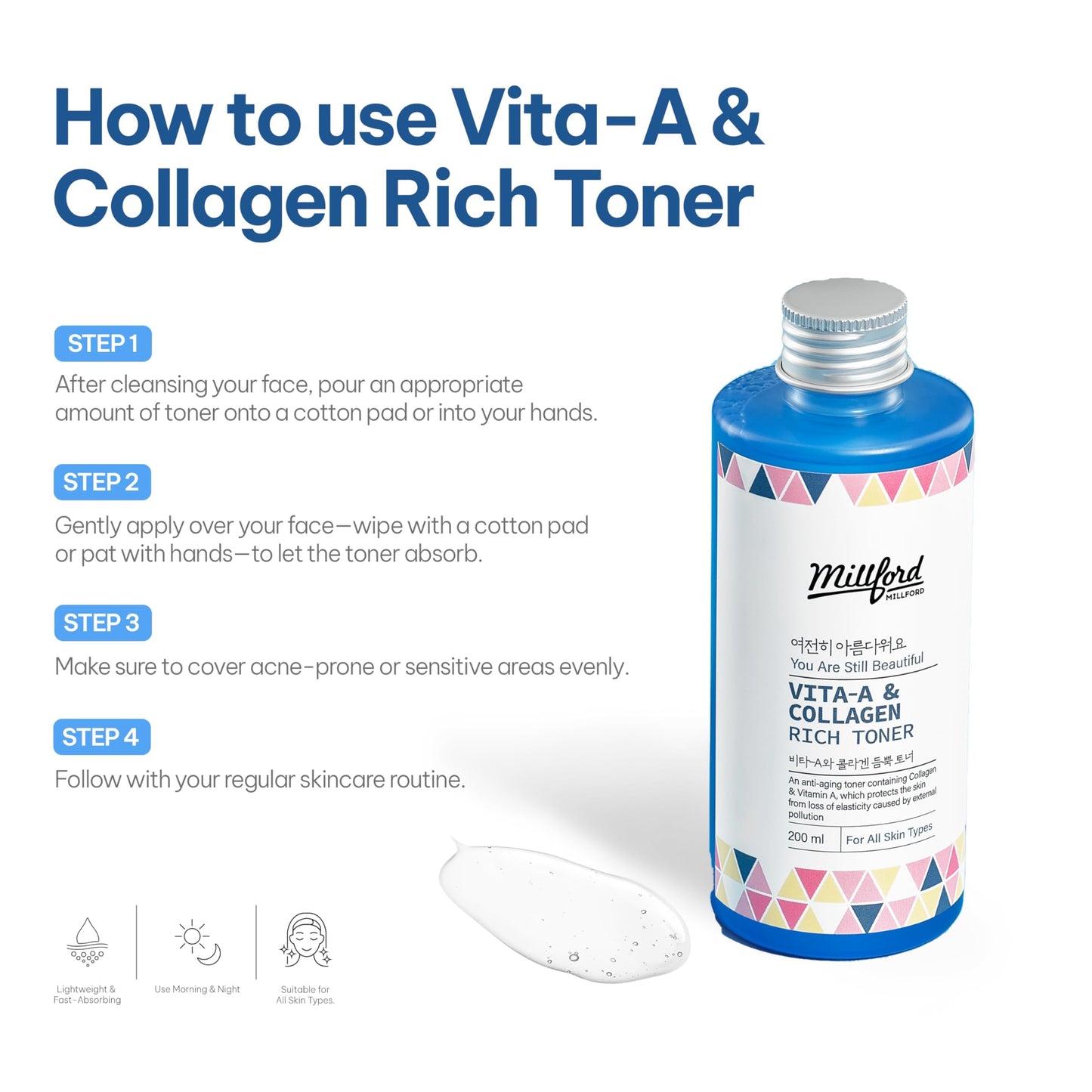 Millford Vita A & Collagen Rich Toner 200ml/6.76 fl.oz - Anti-Aging Retinol Face Toner with Marine Collagen & Panthenol for Fine Lines, Wrinkles, Elasticity & Deep Hydration, Korean Skincare
