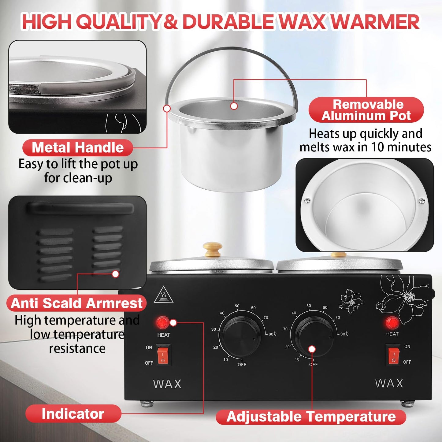 Wax Warmer for Hair Removal, Double Wax Heater Pot with Adjustable Temp
