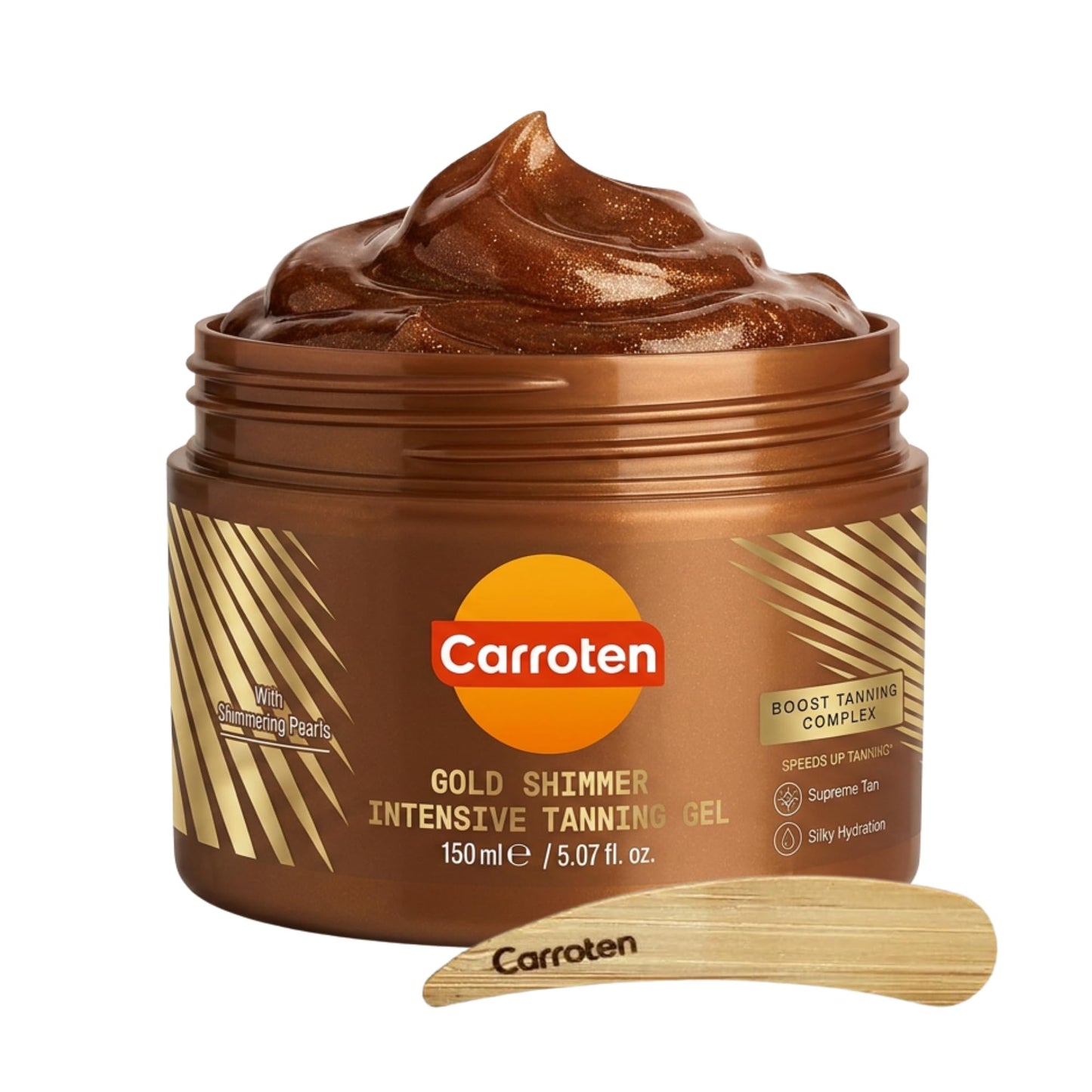 Carroten Gold Shimmer Tanning Gel | Browning Tan Accelerator | Non-Greasy, Water-Resistant with Carrot & Coconut Oil | Vitamin A & E For Moisture & Hydration | Made in Greece | 5 oz + Spatula