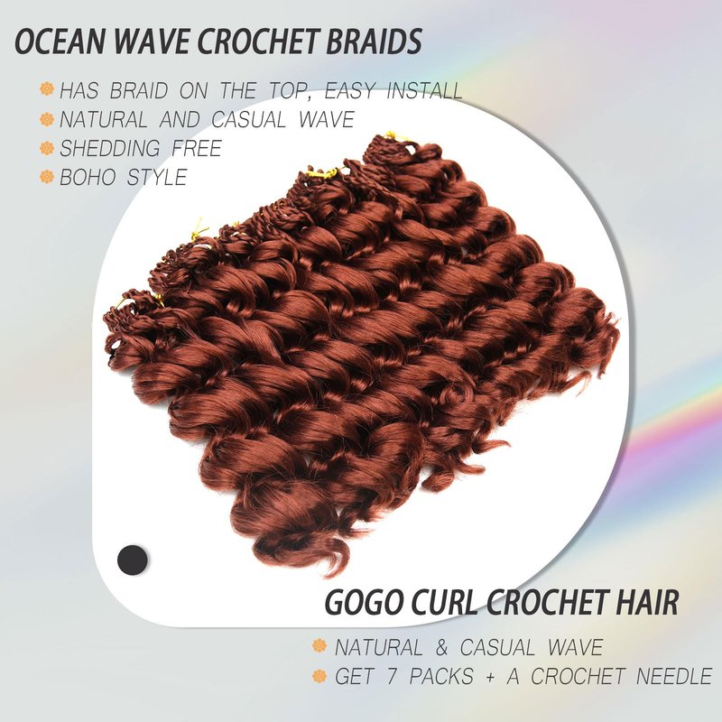 GoGo Curl Crochet Hair for Black Women 10 Inch Auburn Ginger Ocean Wave Crochet Braids Deep Water Wave Beach Curl Curly Crochet Hair Soft as Human Hair 7 Packs Synthetic Hair Extensions 350
