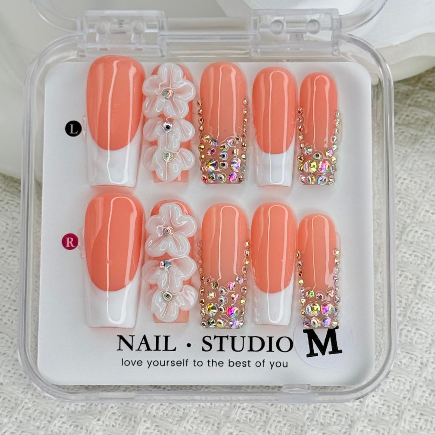 Handmade Press-On Nails | Medium Square White French Nails with Rhinestones & 3D Flowers - Full Cover Manicure Art (Size M)