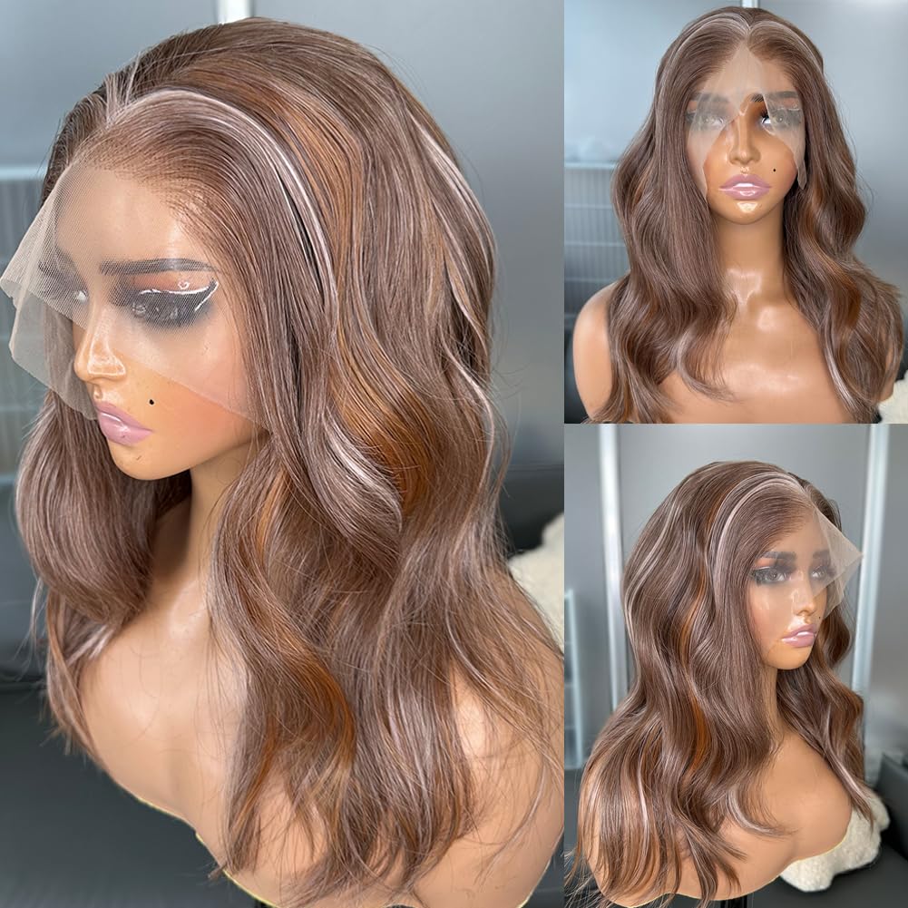 hallokiki Futura Hair 13x6 HD Synthetic Lace Front Wig,Japanese Fiber 16 Inch Mixed Brown Lace Front BOb Wig, Pre-Plucked Hairline Long Straight Curly Glueless Wigs, Layered Wigs for Women Daily Use