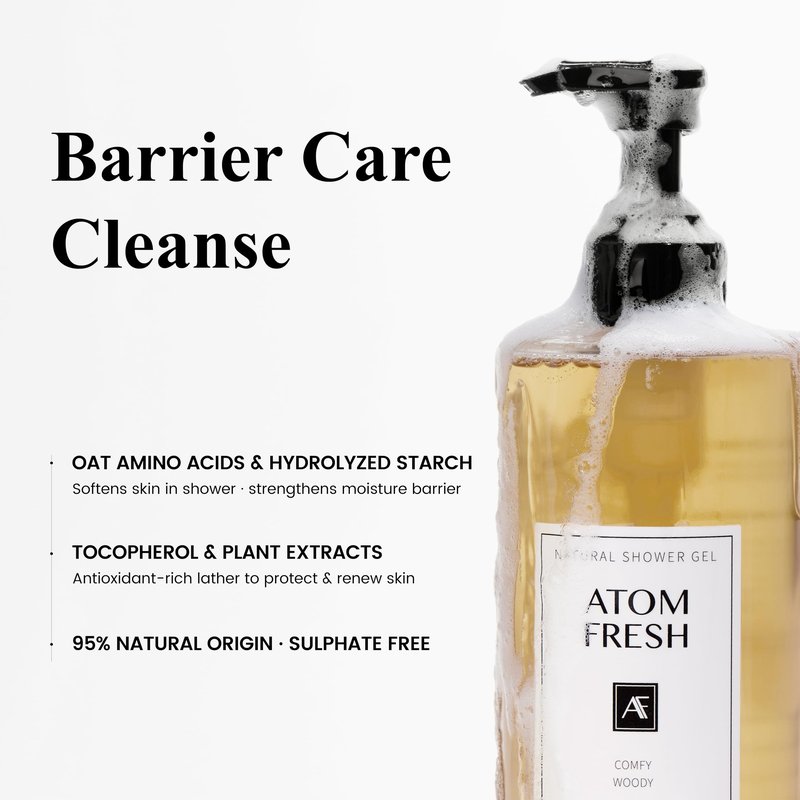 Atom Fresh Comfy Woody Body Wash for Women, 16.94 fl oz Relaxing Spa Shower Gel with Argan Oil, Barrier Care Natural Cleanser for Dry Skin Repair