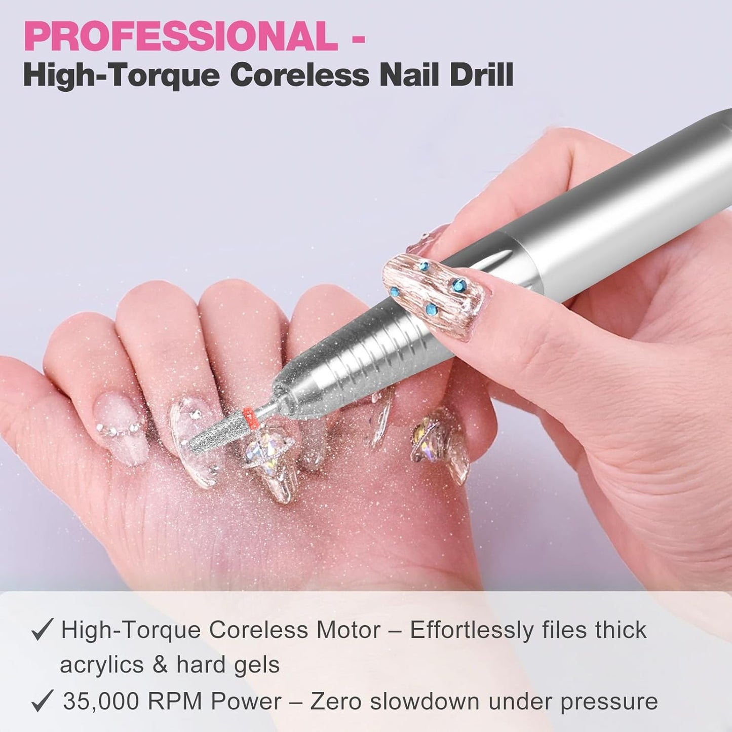 Professional Portable Nail Drill - 2-in-1 Rechargeable Electric E-File for Acrylic Gel Nails | 35000RPM, Quieter Coreless Motor
