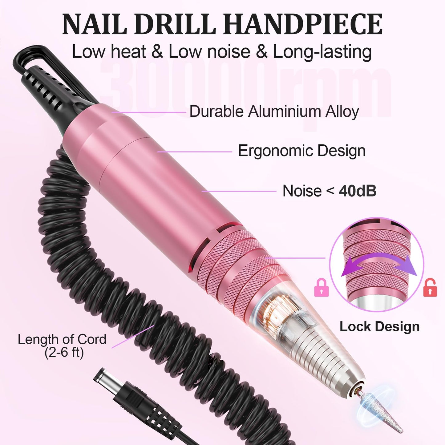 Nail Drill Handpiece Replacement for Professional Nail Drill Machine, 30000 RPM Handpeice Replacement Parts for SUBAY, ALLE˙S, HOINVO and JIASHENG, Pink