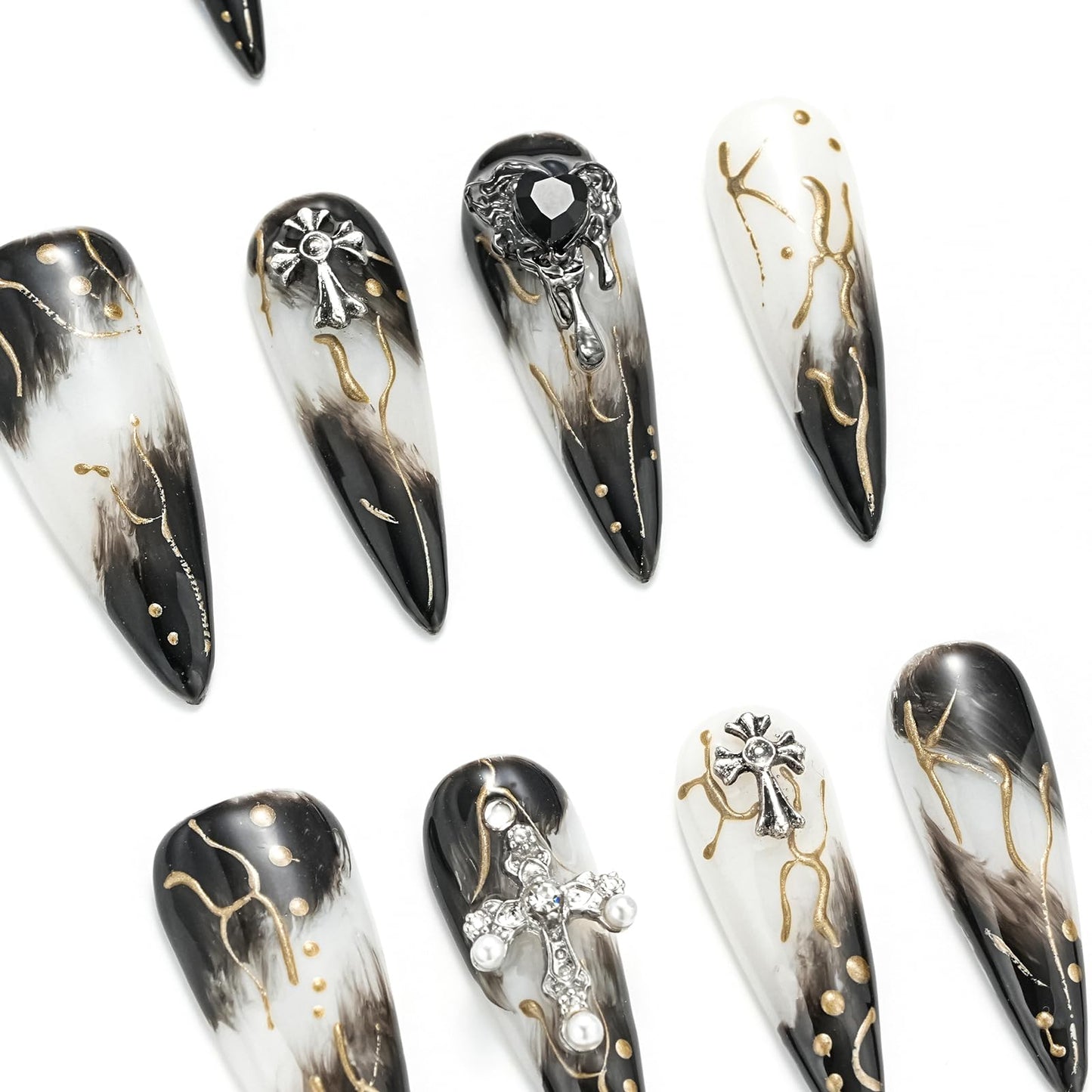 FORBELOVED NAILS,Black And White Swirl Line Handmade Press On Nails,Long Stiletto Glue On Nails,Crosses Decortions Charming False Nails For Women And Girls,10Pcs/Set With Glue,(Black-S),FOB