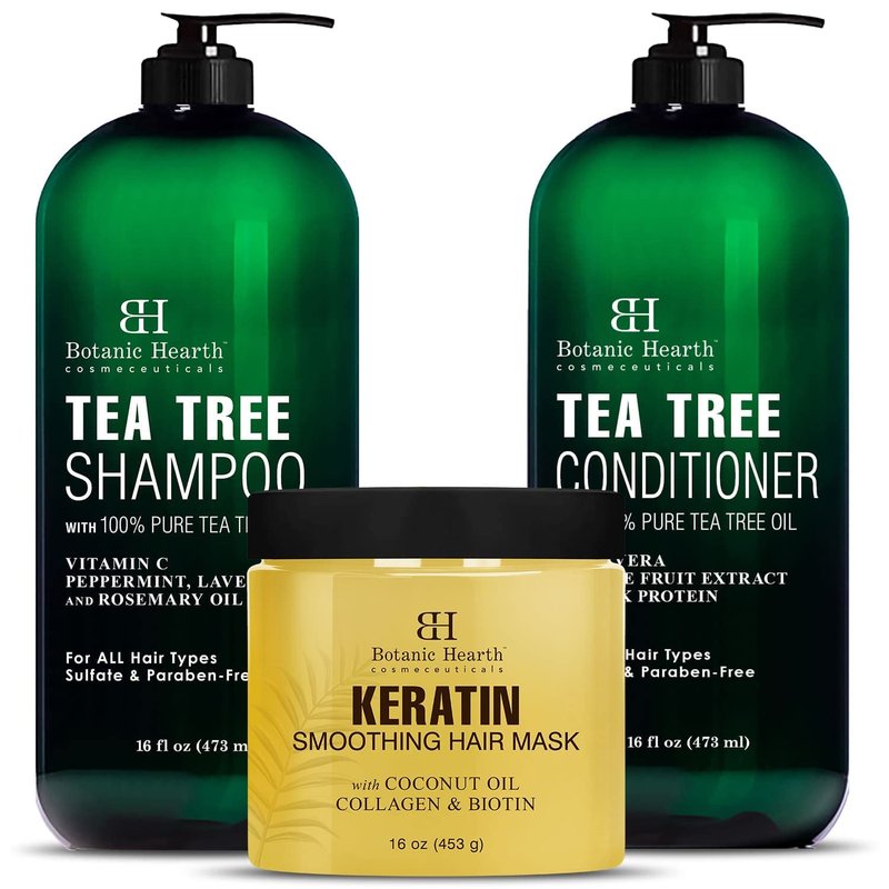 Keratin Hair Mask & Tea Tree Shampoo/Conditioner Set | Nourishing Hair Care Bundle (16 oz Each)