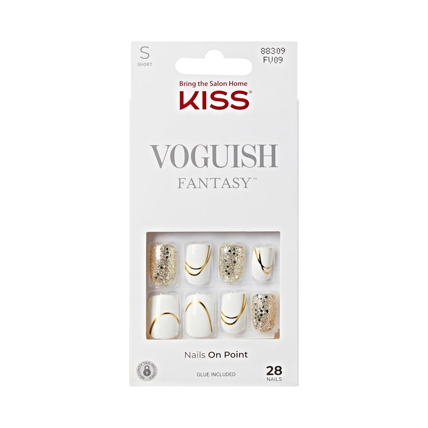KISS Voguish Fantasy, Press On Nails, Nail glue included, 'Glam and Glow', White, Short Size, Squoval Shape, Includes 28 Nails, 2g glue, 1 Manicure Stick, 1 Mini File