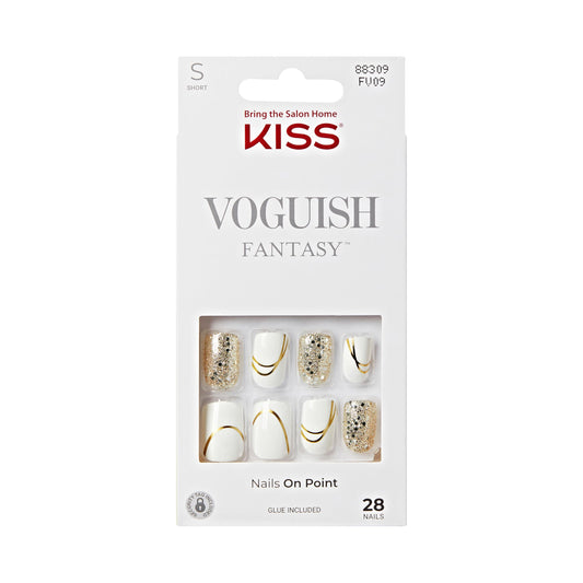 KISS Voguish Fantasy, Press On Nails, Nail glue included, 'Glam and Glow', White, Short Size, Squoval Shape, Includes 28 Nails, 2g glue, 1 Manicure Stick, 1 Mini File