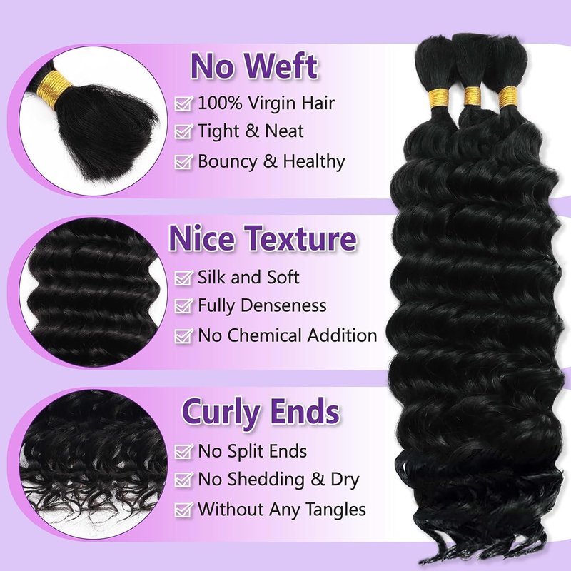Human Braiding Hair - 18 Inch Deep Water Wave Curly Bulk | 110g Knotless Crochet Extensions for Boho Braids