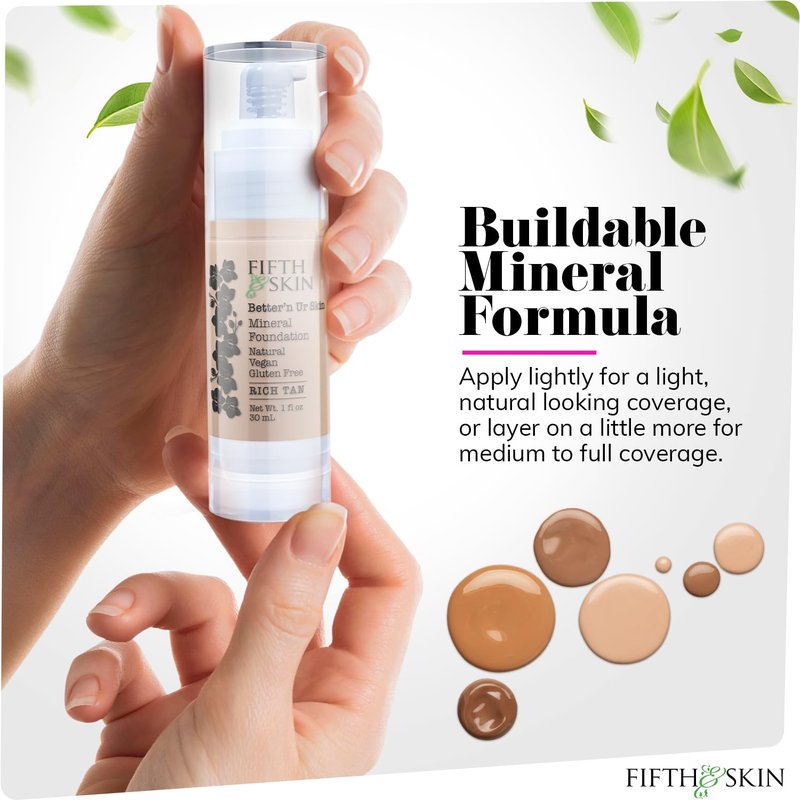 Fifth & Skin: Better’n Ur Skin Liquid Foundation (MEDIUM TAN) - Natural, Organic, Vegan, Cruelty-Free - Gluten-Free Beauty with Buildable Coverage and Palm-Free Luxury - 1 oz