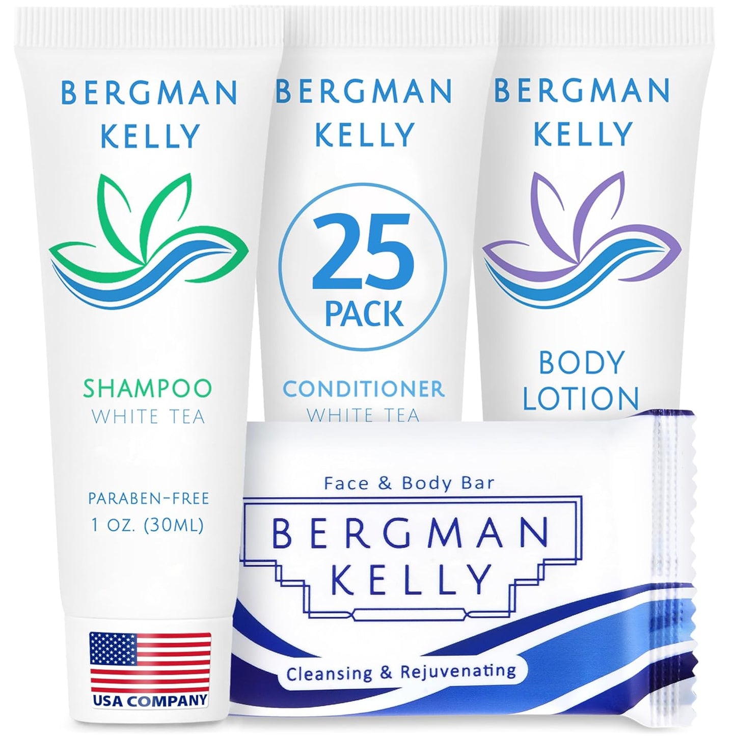 Bergman Kelly Hotel Toiletries Bundle - White Tea Mini Amenities Set | 100 Pieces: 25 Soap, 25 Shampoo, 25 Conditioner, 25 Lotion