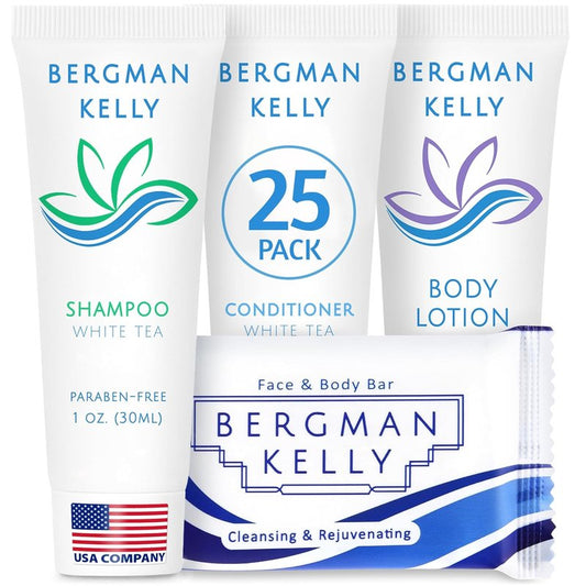 Bergman Kelly Hotel Toiletries Bundle - White Tea Mini Amenities Set | 100 Pieces: 25 Soap, 25 Shampoo, 25 Conditioner, 25 Lotion