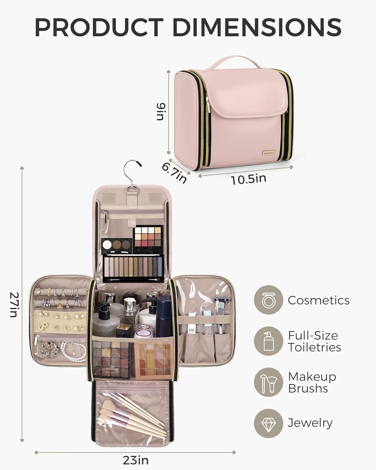 Large Capacity Hanging Toiletry Bag - PU Leather Makeup Organizer with Jewelry Compartment | Pink