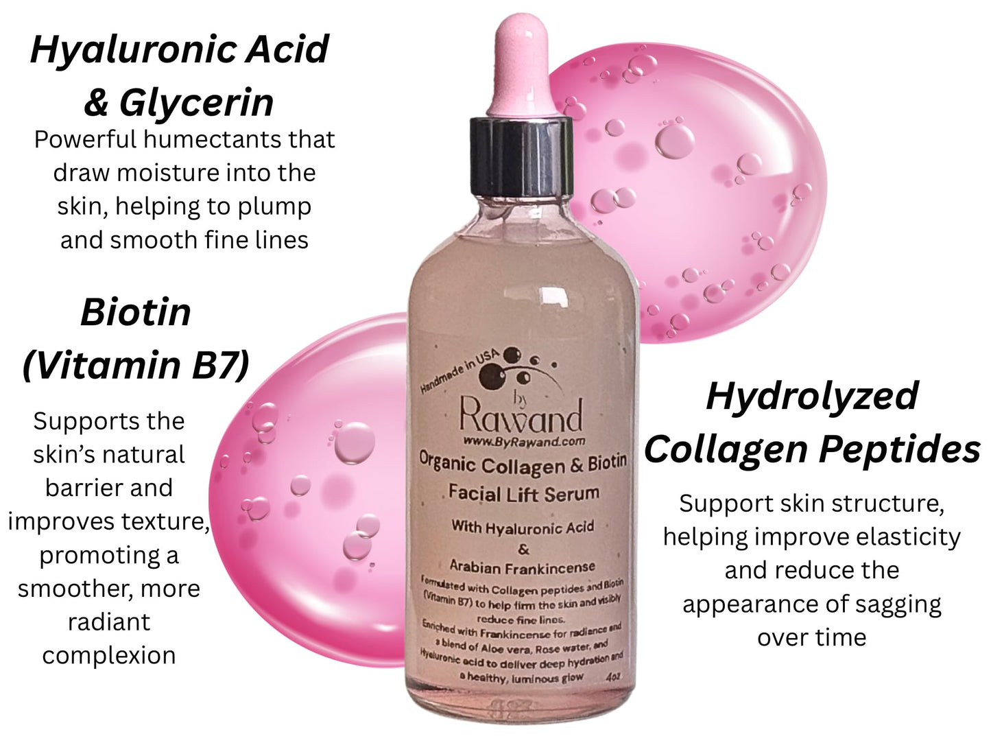 Collagen & Biotin Face Serum – 4oz Organic Handmade Facial Lift with Hyaluronic Acid, Rose Water, Peptides & Frankincense - Oil Free overnight hydration