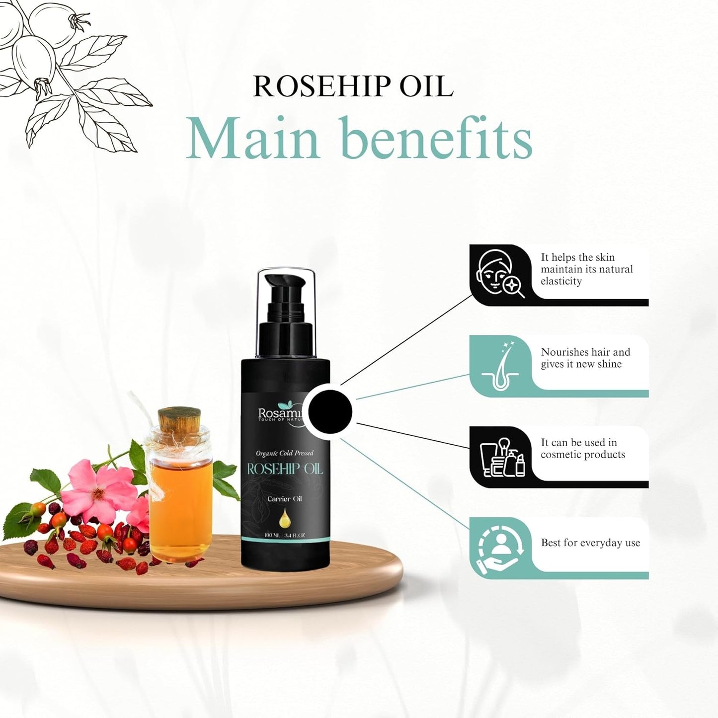 Cold Pressed Rosehip Oil - 100% Pure Natural Moisturizer for Face, Hair & Skin | 100ml